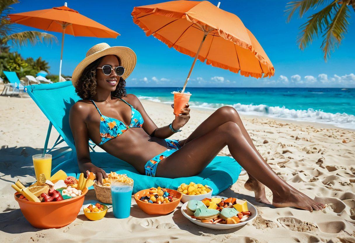 A vibrant beach scene showcasing a stylish model in trendy swimwear, lounging in the sun with colorful snacks spread around. Include a bright turquoise ocean in the background and umbrellas casting playful shadows. Capture the essence of summer fun and relaxation, incorporating pops of tropical colors in the swimwear and snacks. Create a lively atmosphere with joyful beachgoers in the distance. super-realistic. vibrant colors. sunny beach setting.