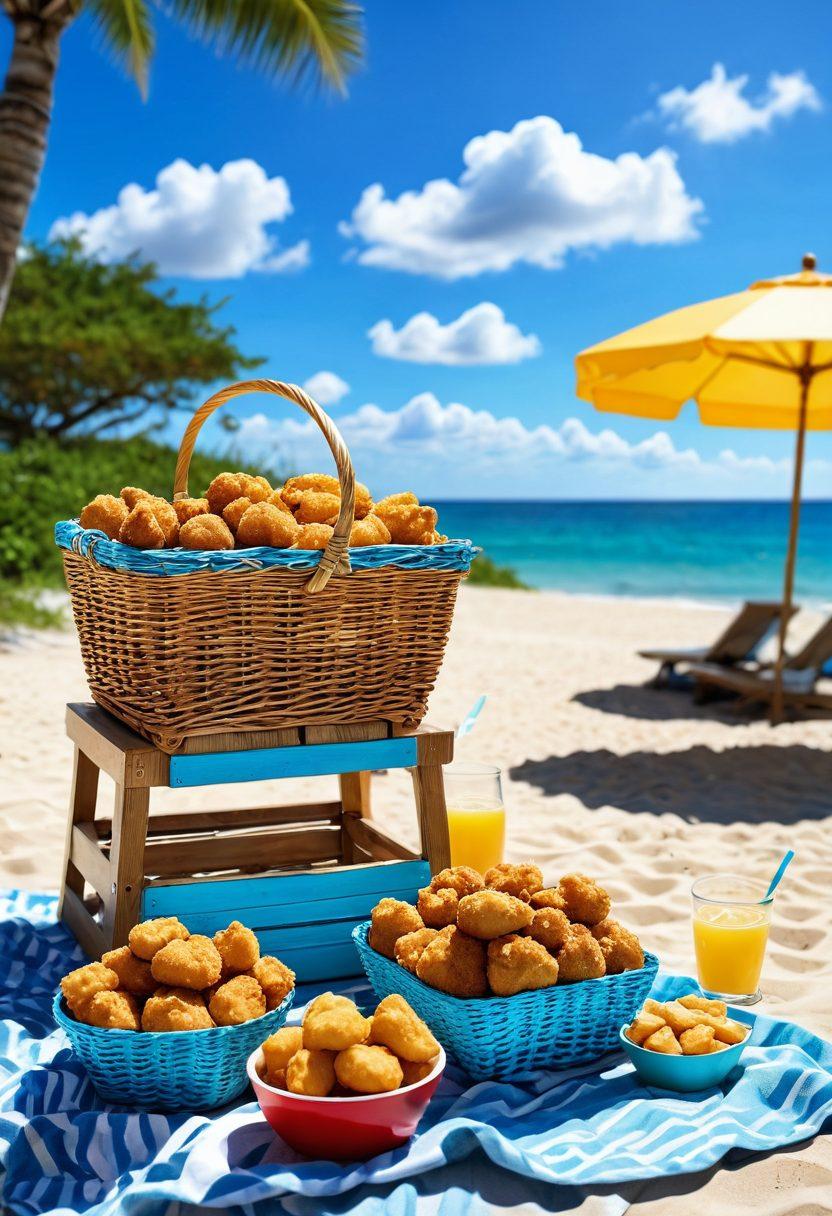 A vibrant beach scene featuring a picnic setup with an array of golden, crispy chicken nuggets presented in colorful baskets. The backdrop includes a bright blue sky, fluffy clouds, and sunbathers enjoying the sun. A refreshing lemonade pitcher and a few beach umbrellas add to the summer vibe. The overall composition should evoke a feeling of warmth and fun, capturing the essence of summer gatherings. vibrant colors. super-realistic. beach setting.