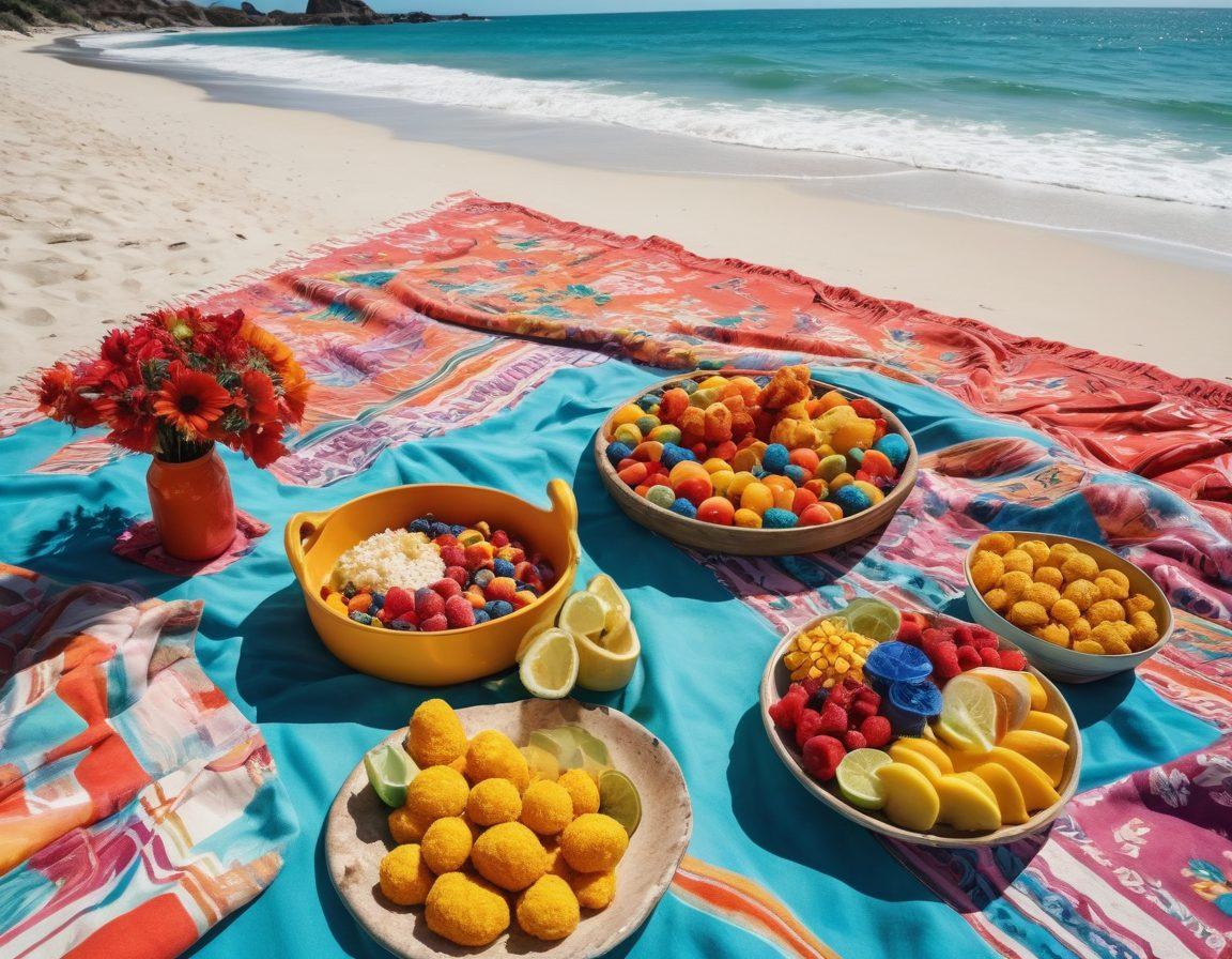 A sun-soaked beach scene featuring diverse individuals confidently wearing trendy two-piece swimwear, showcasing body positivity. In the foreground, a vibrant picnic blanket adorned with colorful nugget dishes, inviting viewers to indulge in delicious food. The background reveals a clear blue ocean and palm trees gently swaying in the breeze, radiating warmth and joy. Bright, cheerful colors dominate the scene, enhancing the summer vibe. super-realistic. vibrant colors. white background.